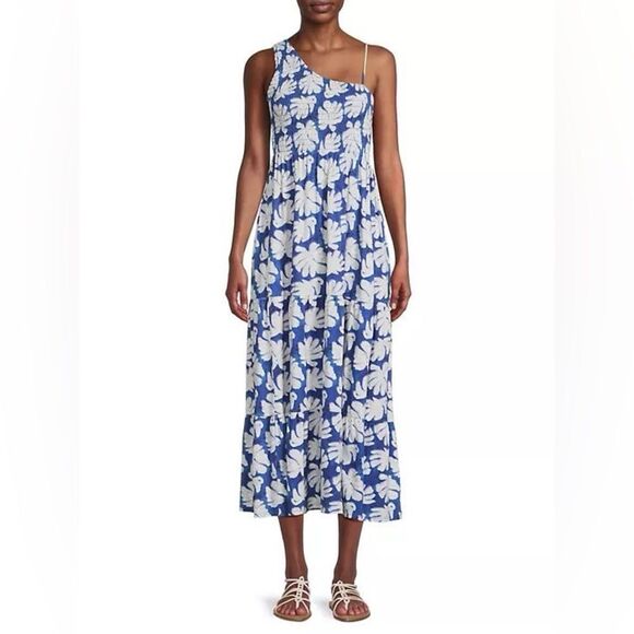 NZT NIC & ZOE Blue & White Shadow Palm One-Shoulder Smocked Dress Sz. Medium NEW - Picture 11 of 15